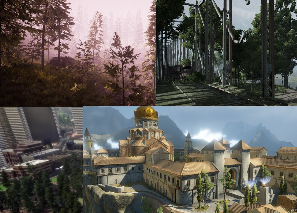 A collage of four Unity environments: a misty pine forest, an overgrown industrial scaffolding, a city street view from above, and a Mediterranean town with a domed cathedral.